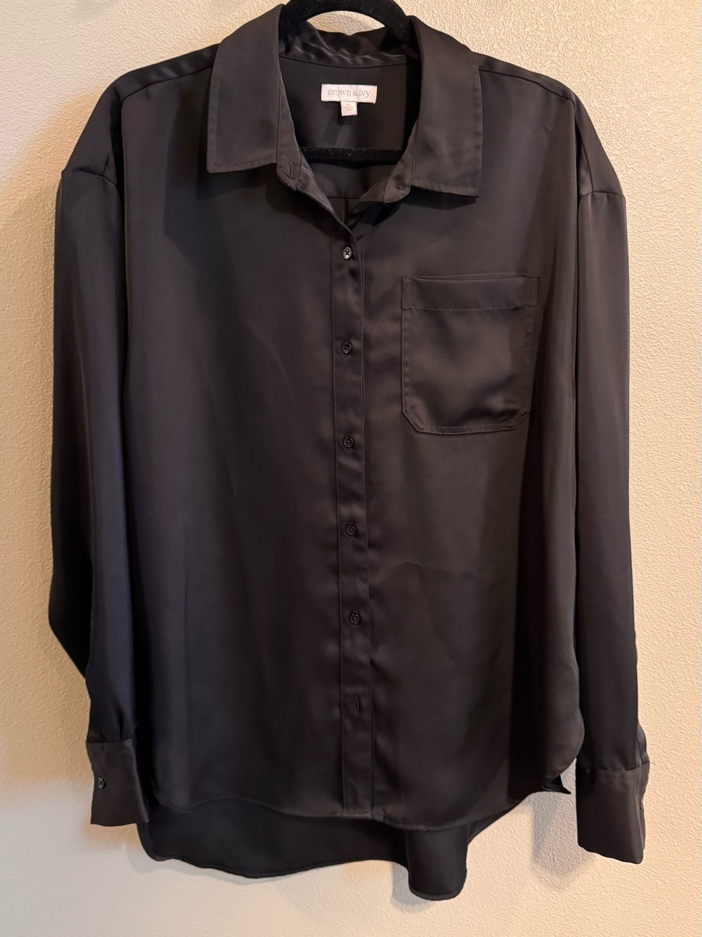 crown & ivy Black Satin Button-Up Blouse